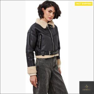Faux Leather Aviator Bomber Jacket with Sherpa Lining, Winter Coat